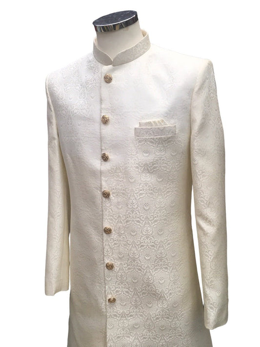 Cream - Classic Self Brocade Sherwani with Gold Buttons - XS, S, M, L, XL to XXXL BS786 JP 0823 - Prachy Creations