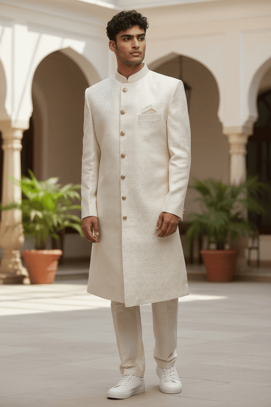 Cream - Classic Self Brocade Sherwani with Gold Buttons - XS, S, M, L, XL to XXXL BS786 JP 0823 - Prachy Creations