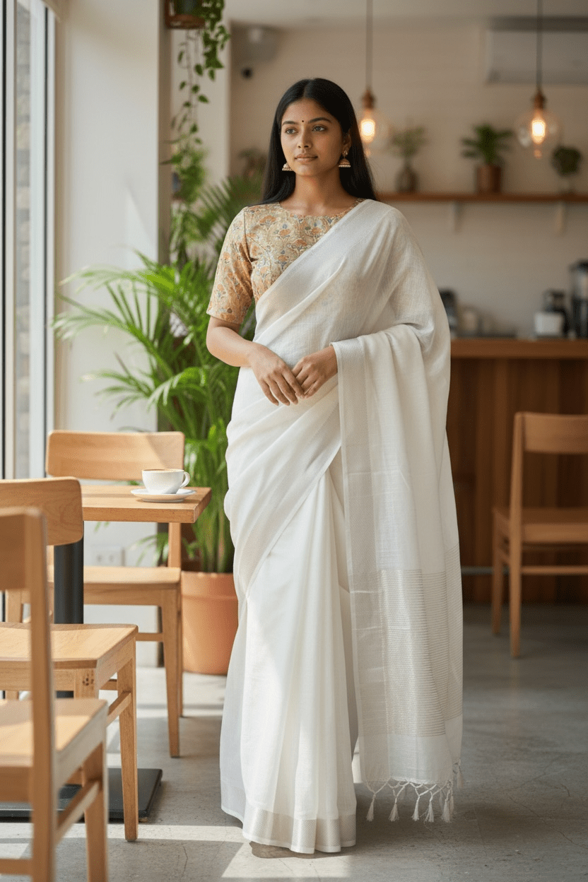 Cream - Fancy Cotton Silky Saree with Brocade Blouse Piece - UK Stock - 2/3 days Delivery 12KP25 RT411006 - Prachy Creations