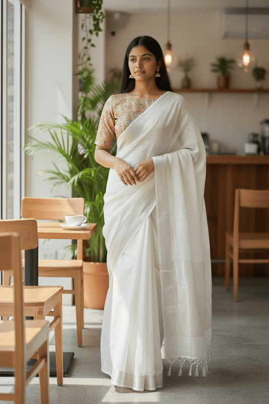 Cream - Fancy Cotton Silky Saree with Brocade Blouse Piece - UK Stock - 2/3 days Delivery 12KP25 RT411006 - Prachy Creations
