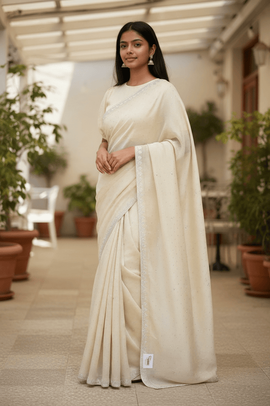 Cream - Fancy Embroidered Saree with Blouse Piece - UK stock - 24hr Dispatch - SP250614 KC - Prachy Creations
