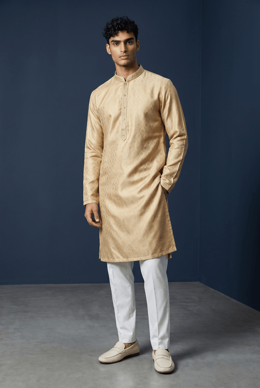 Cream / Ivory - Banarasi Handloom Brocade Mens Indian Kurta set with Trousers - UK Stock - Weddings / Walimas , Sangeet, Diwali, Eid, Mehndi / Henna - VEE2509 VR - Prachy Creations