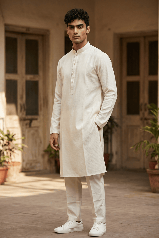 Cream / Ivory - Soft Cotton Self Woven Mens Kurta Set - Perfect under a Waistcoat - Sangeet Mehendi Haldi - KCS1263 03KJ26 - Prachy Creations