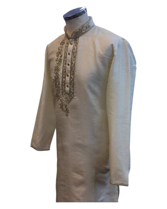 Cream / Light Gold - Rich Silky Mens Indian Kurta set with Hand Embroidery - Weddings / Walimas , Sangeet, Mehndi / Henna , Eid / Diwali - BS2507 01JV25 - Prachy Creations