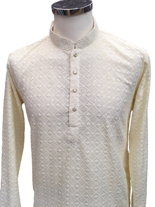 Cream - Lucknowi Sequins Mens Indian Kurta set - Weddings / Walimas , Sangeet, Eid, Mehndi / Henna - YD2401 KT 0324 - Prachy Creations