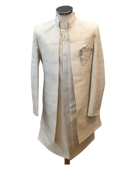 Cream / Off White - PREMIUM Mens Knee Length Sherwani Jacket with Long Waistcoat - Fantastic Fit - KCS6100 02PR25 - Prachy Creations