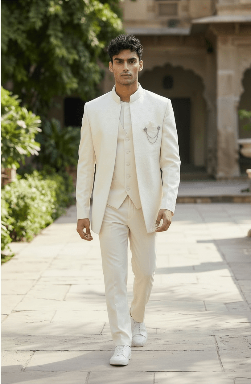Cream / Off White - PREMIUM Slim Fit Mens Self Brocade BandhGala / Prince / Chinese Collar Jacket with Long inside Waistcoat - Fantastic Fit - CS2505 03PY25 - Prachy Creations
