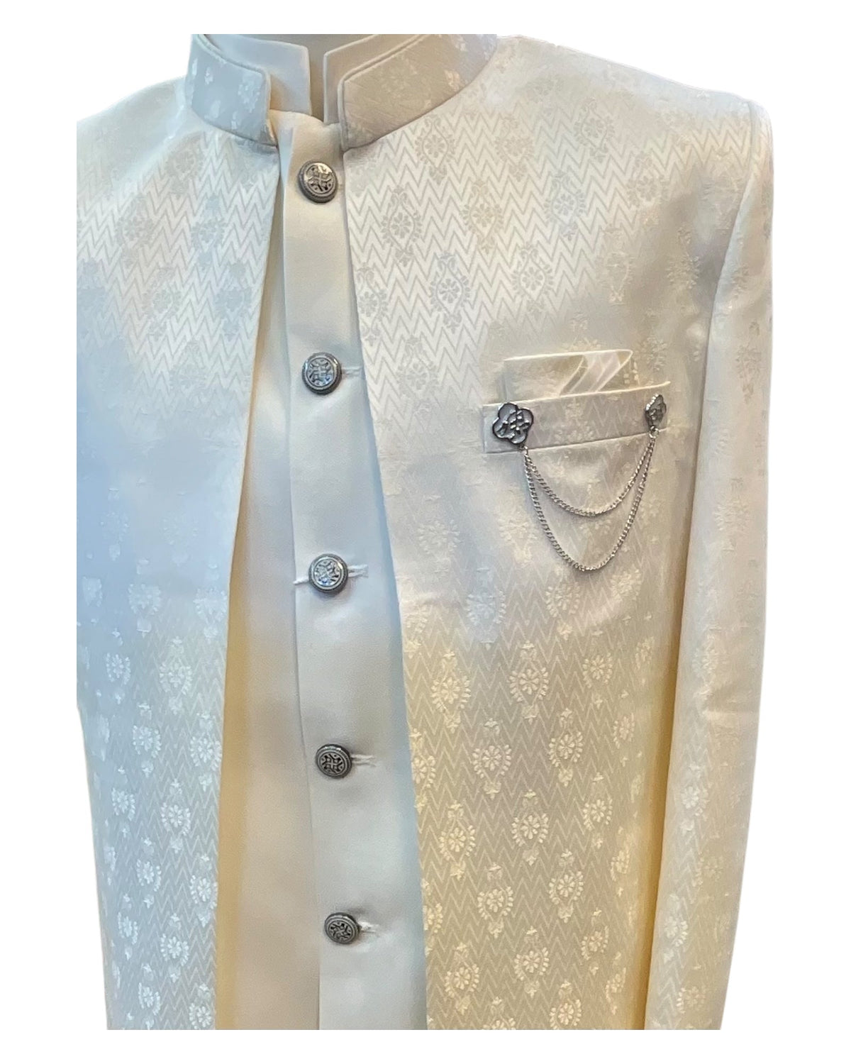 Cream / Off White - PREMIUM Slim Fit Mens Self Brocade BandhGala / Prince / Chinese Collar Jacket with Long inside Waistcoat - Fantastic Fit - CS2505 03PY25 - Prachy Creations