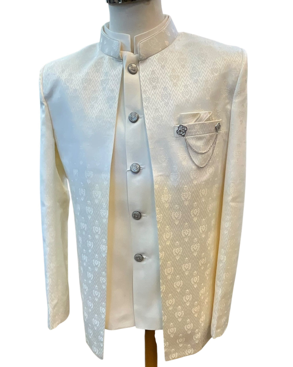 Cream / Off White - PREMIUM Slim Fit Mens Self Brocade BandhGala / Prince / Chinese Collar Jacket with Long inside Waistcoat - Fantastic Fit - CS2505 03PY25 - Prachy Creations