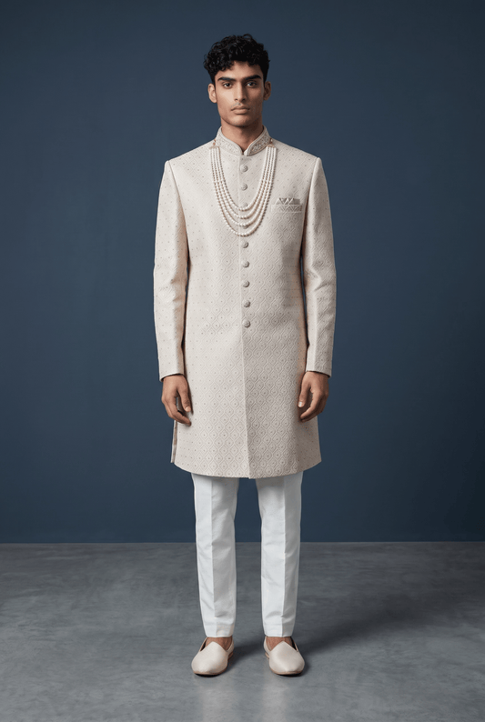 Cream - Rich Banarasi Brocade Sherwani with Pearls and Light Pink Embroidery - JF002 05RP26 - Prachy Creations