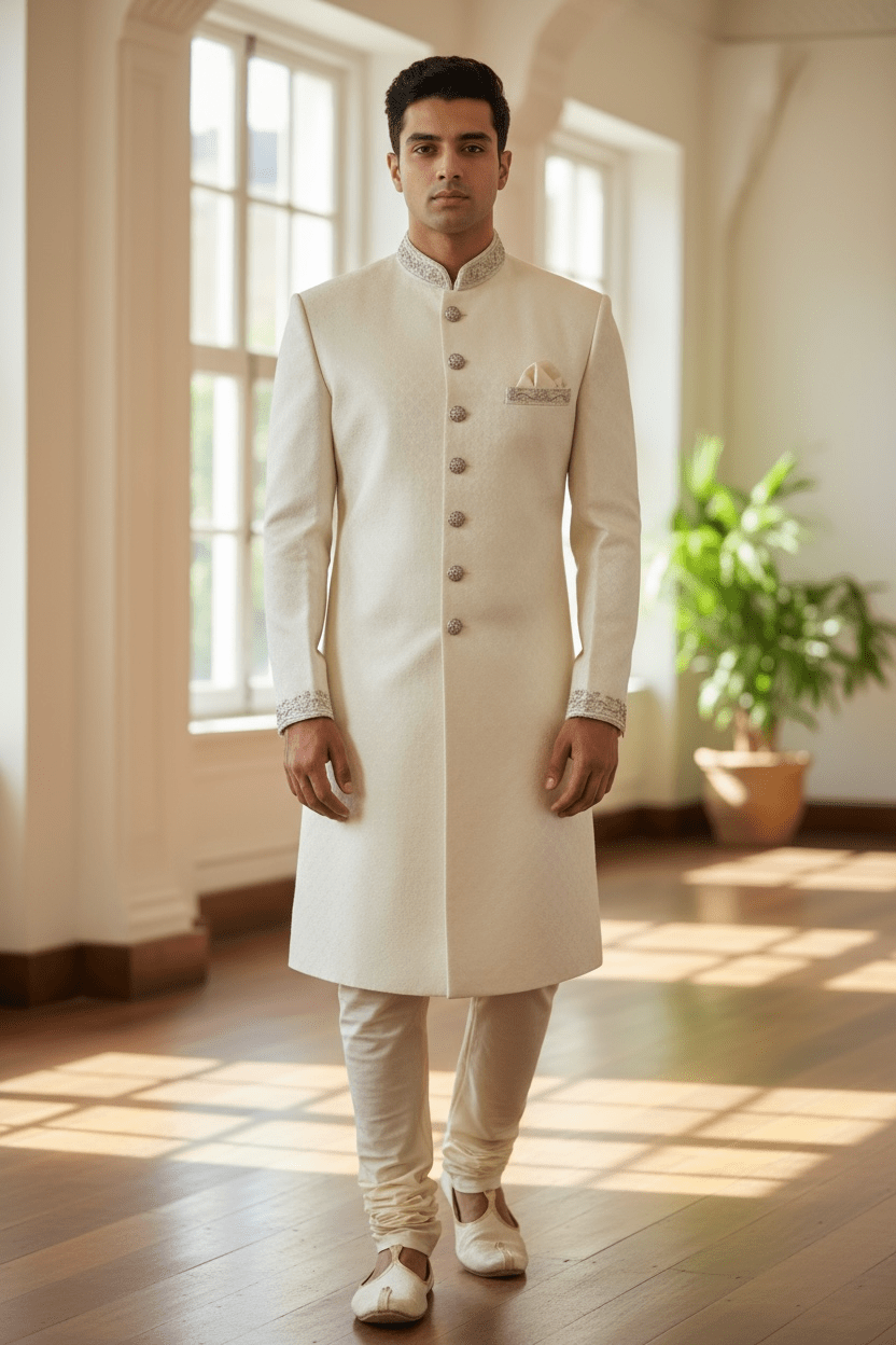 Cream - Rich Banarasi Brocade Sherwani with Zardosi Hand Embroidery - BS978 01KYV25 - Prachy Creations