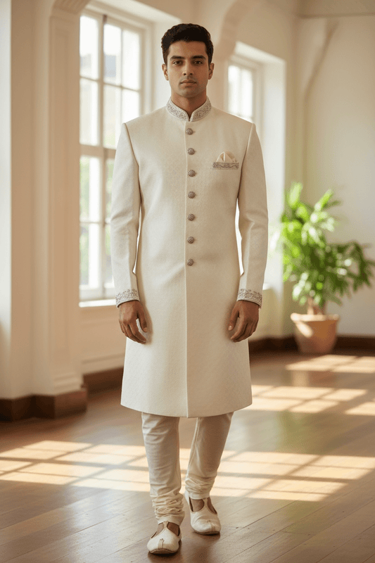 Cream - Rich Banarasi Brocade Sherwani with Zardosi Hand Embroidery - BS978 01KYV25 - Prachy Creations