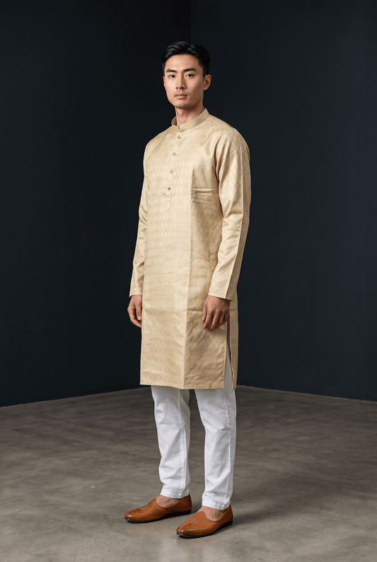 Cream - Self Woven Brocade Mens Indian Kurta set - UK Stock - Weddings / Walimas , Sangeet, Diwali, Eid, Mehndi / Henna - VEE3115 KC - Prachy Creations