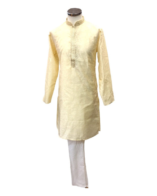 Cream - Silky Self Brocade Mens Kurta Set - Wedding Sangeet Mehendi Haldi - SHU2307 KT 0923 - Prachy Creations