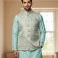 Cream with Light Turquoise & Gold Thread Brocade - Premium Mens Waistcoat - VNS-JKT7908/1 10KJ25 - Prachy Creations