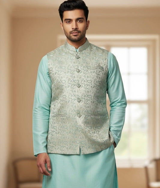 Cream with Light Turquoise & Gold Thread Brocade - Premium Mens Waistcoat - VNS-JKT7908/1 10KJ25 - Prachy Creations