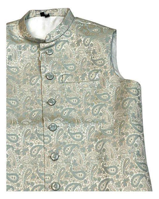 Cream with Light Turquoise & Gold Thread Brocade - Premium Mens Waistcoat - VNS-JKT7908/1 10KJ25 - Prachy Creations