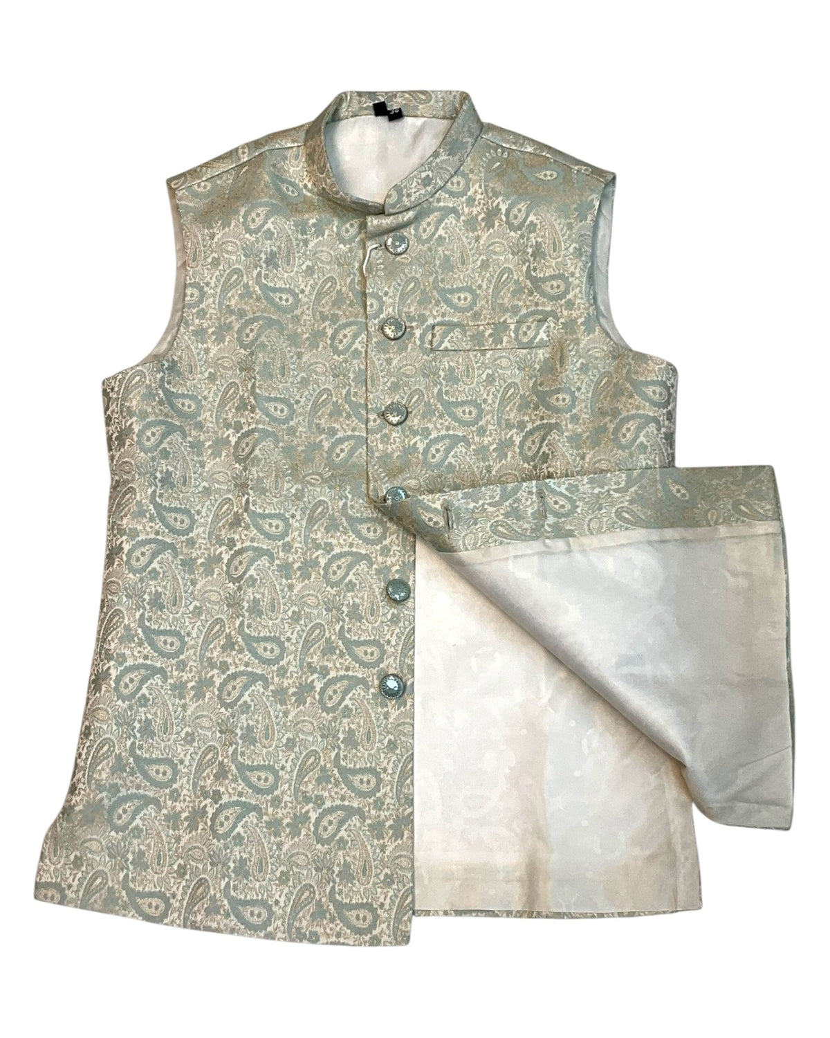 Cream with Light Turquoise & Gold Thread Brocade - Premium Mens Waistcoat - VNS-JKT7908/1 10KJ25 - Prachy Creations