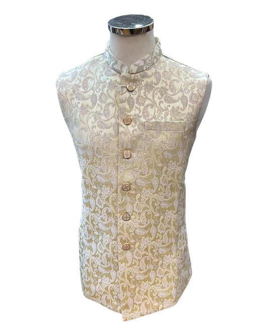 Cream with Lilac & Gold Thread Brocade - Premium Mens Waistcoat - VNS-JKT7910/1 10KJ25 - Prachy Creations