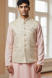 Cream with Lilac & Gold Thread Brocade - Premium Mens Waistcoat - VNS-JKT7910/1 10KJ25 - Prachy Creations
