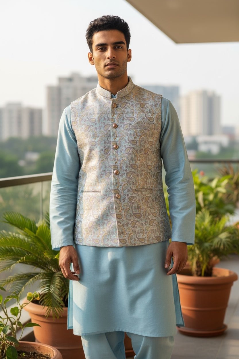 Cream with Pink/Light Blue Brocade - Premium Mens Waistcoat - VNS-JKT7908/2 10KJ25 - Prachy Creations