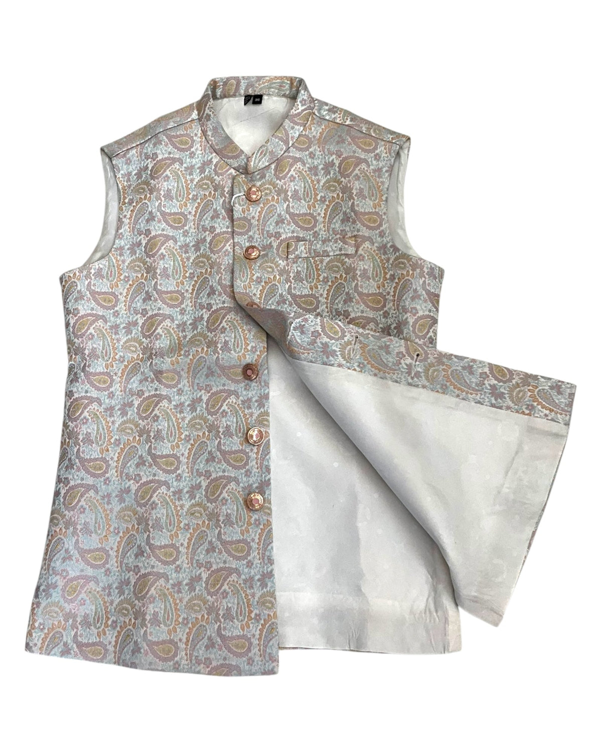 Cream with Pink/Light Blue Brocade - Premium Mens Waistcoat - VNS-JKT7908/2 10KJ25 - Prachy Creations