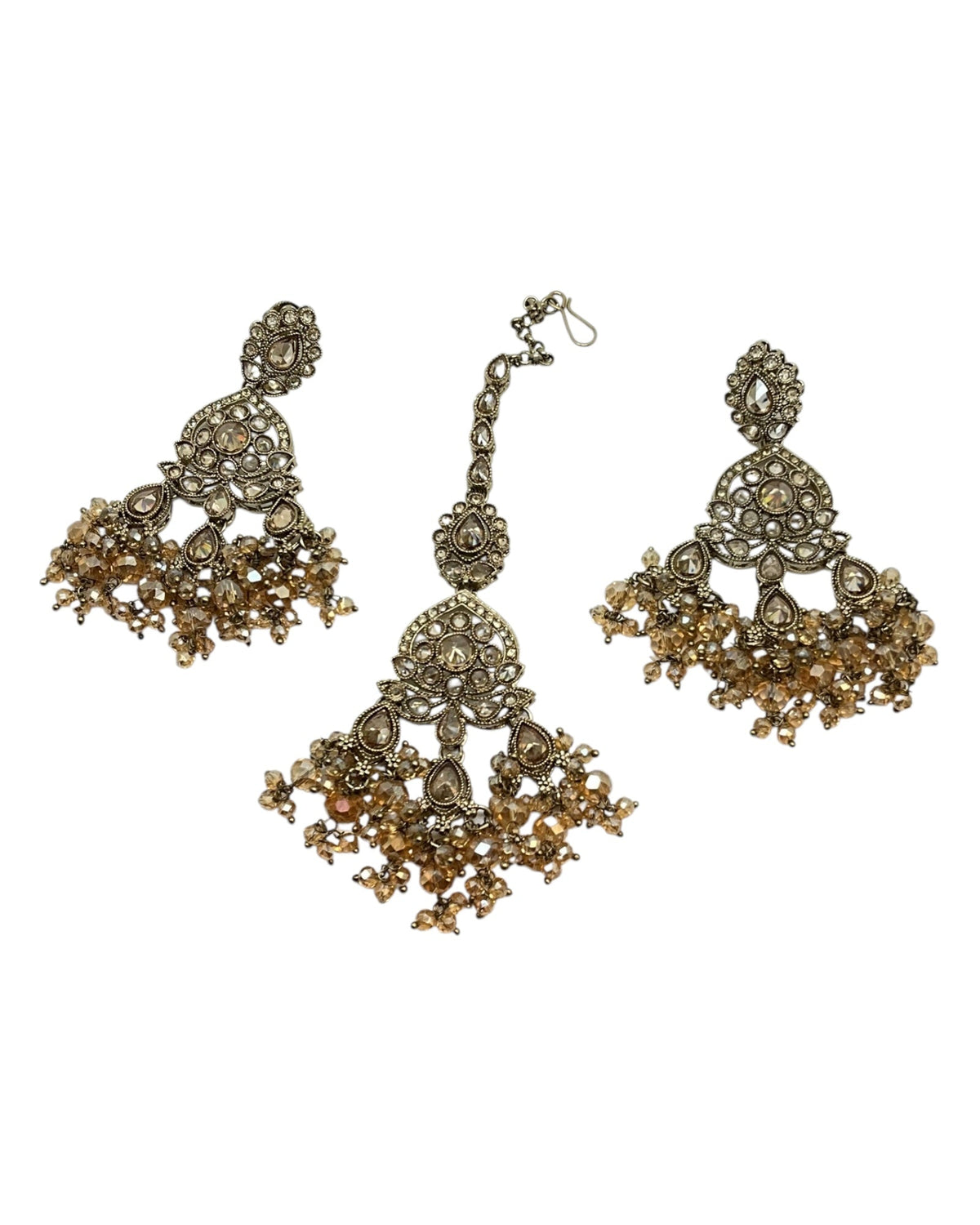 Crystal / Champagne - Large Size Antique Gold Finish Necklace Set with Earrings & Head Piece - Bollywood - AE2513 08KK25 - Prachy Creations