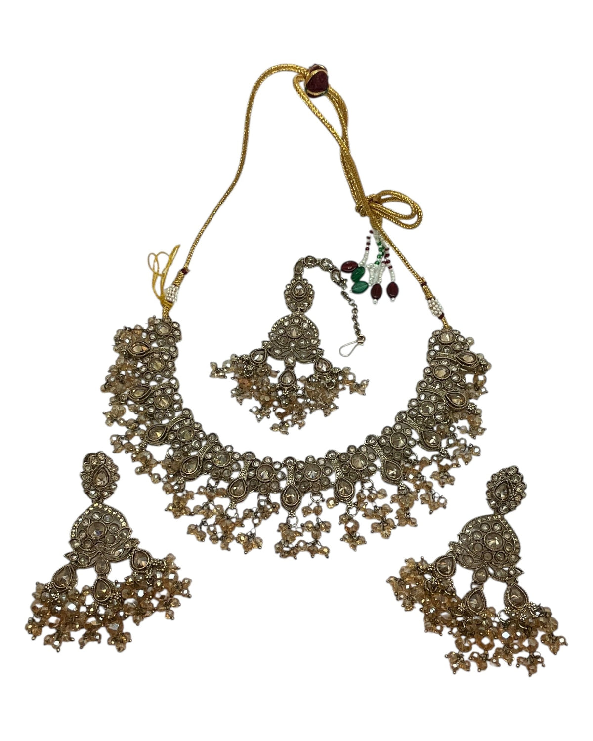 Crystal / Champagne - Large Size Antique Gold Finish Necklace Set with Earrings & Head Piece - Bollywood - AE2513 08KK25 - Prachy Creations