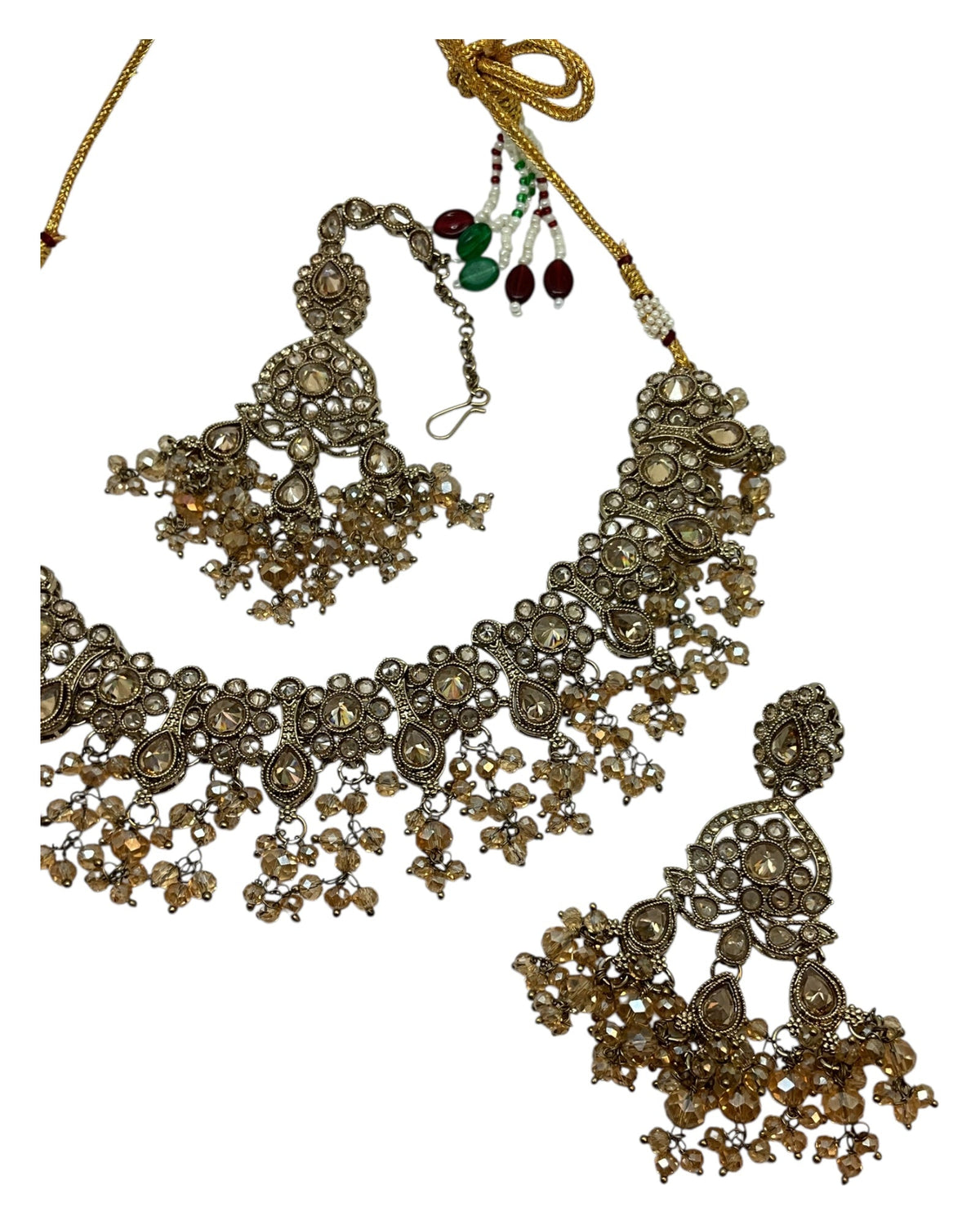 Crystal / Champagne - Large Size Antique Gold Finish Necklace Set with Earrings & Head Piece - Bollywood - AE2513 08KK25 - Prachy Creations