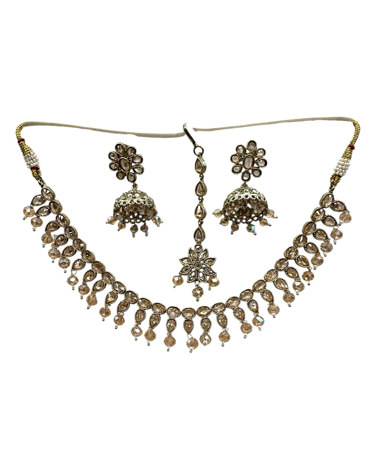 Crystal / Champagne - Medium Size Antique Gold Finish Necklace Set with Earrings & Head Piece - KAJ1054 08A25 - Prachy Creations