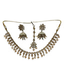 Crystal / Champagne - Medium Size Antique Gold Finish Necklace Set with Earrings & Head Piece - KAJ1054 08A25 - Prachy Creations