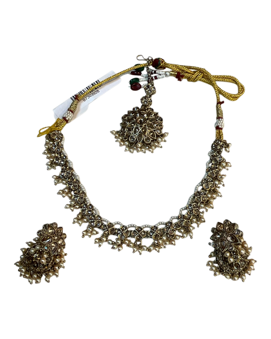 Crystal - Medium Size Antique Gold Finish Necklace Set with Earrings & Head Piece - RAK436 04A26 - Prachy Creations