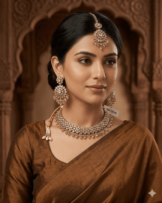 Crystal / Neutral - Large Size Antique Gold Finish Necklace Set with Earrings & Head Piece - JIG111 04Cp26 - Prachy Creations