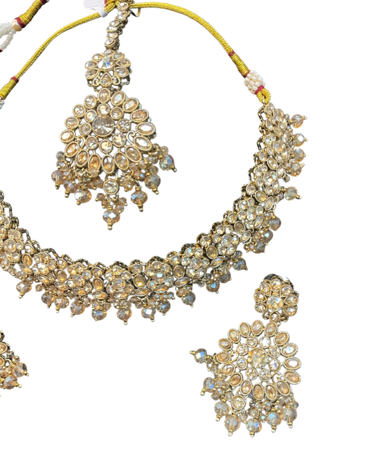 Crystal / Neutral - Large Size Antique Gold Finish Necklace Set with Earrings & Head Piece - JIG111 04Cp26 - Prachy Creations