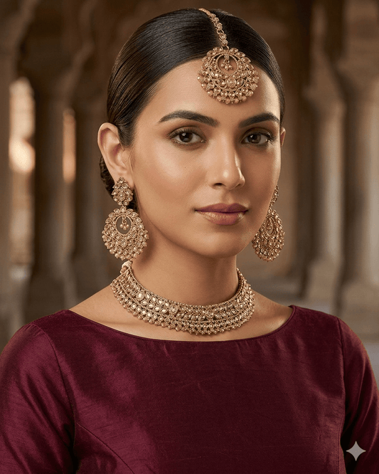 Crystal / Neutral - Medium Size Antique Gold Finish Necklace Set with Earrings - SJ07 08KY25 - Prachy Creations