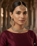 Crystal / Neutral - Medium Size Antique Gold Finish Necklace Set with Earrings - SJ07 08KY25 - Prachy Creations