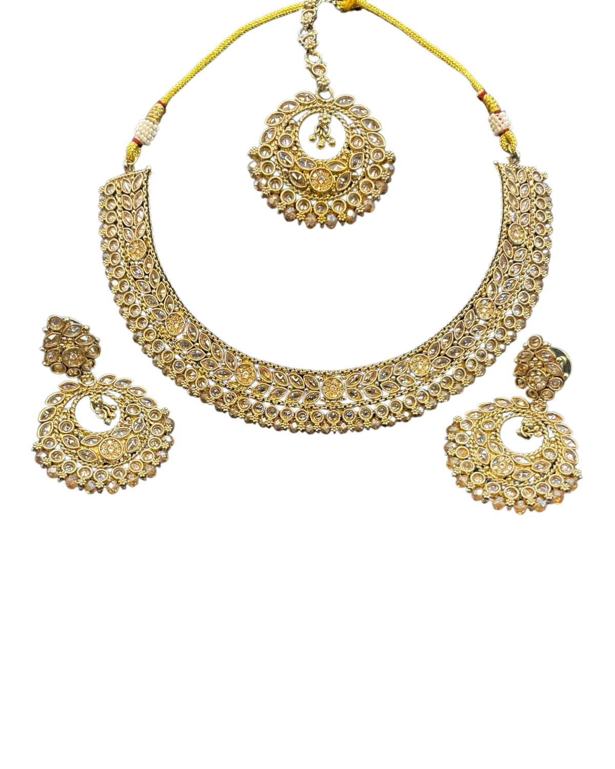 Crystal / Neutral - Medium Size Antique Gold Finish Necklace Set with Earrings - SJ07 08KY25 - Prachy Creations