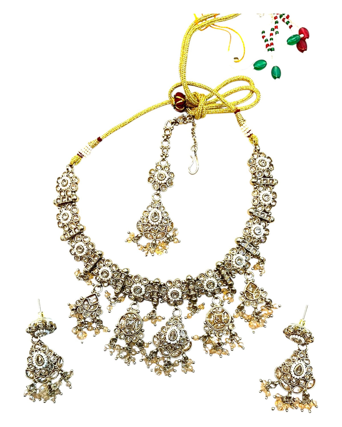 Crystal / Neutral - Medium Size Antique Gold Finish Necklace Set with Earrings - SJ09 08KV25 - Prachy Creations