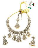 Crystal / Neutral - Medium Size Antique Gold Finish Necklace Set with Earrings - SJ09 08KV25 - Prachy Creations