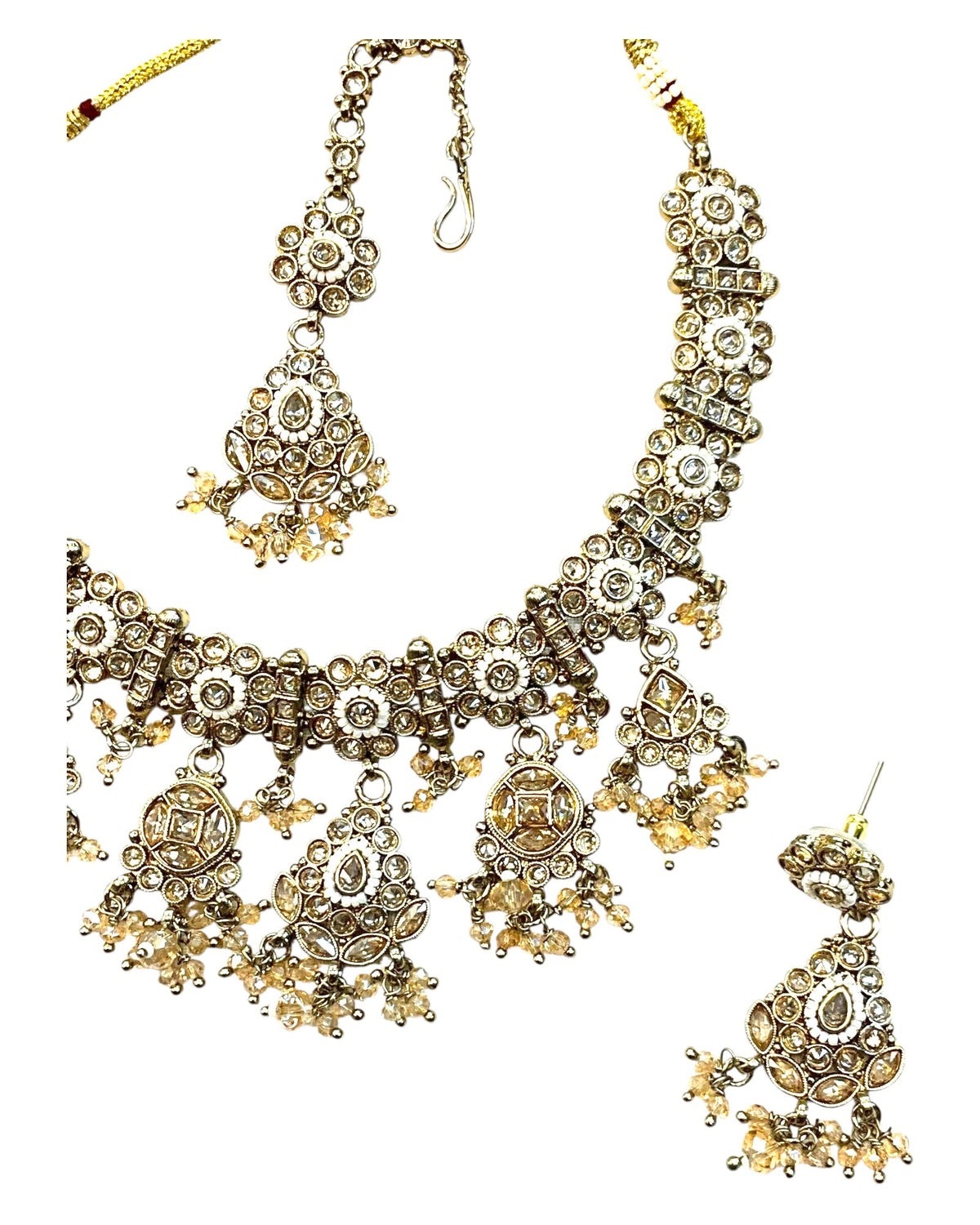 Crystal / Neutral - Medium Size Antique Gold Finish Necklace Set with Earrings - SJ09 08KV25 - Prachy Creations