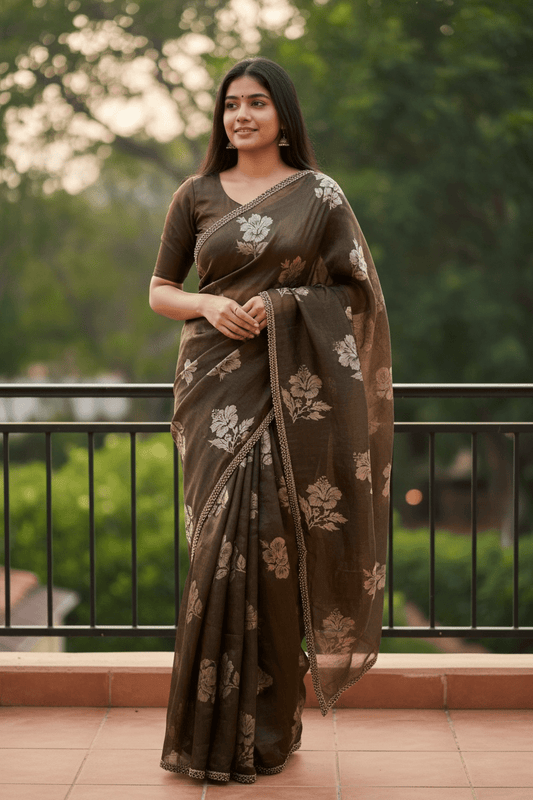 Dark Brown - Floral Printed Blouse Piece - UK stock - 24hr Dispatch - RS2504 VP - Prachy Creations