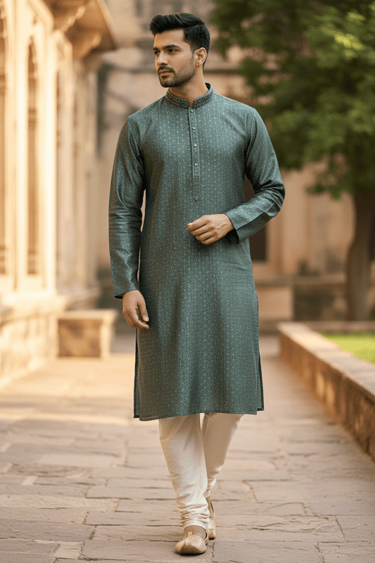 Dark Grey - Banarasi Handloom Brocade Mens Indian Kurta set with Trousers - UK Stock - Weddings / Walimas , Sangeet, Diwali, Eid, Mehndi / Henna - VEE2422 VR - Prachy Creations