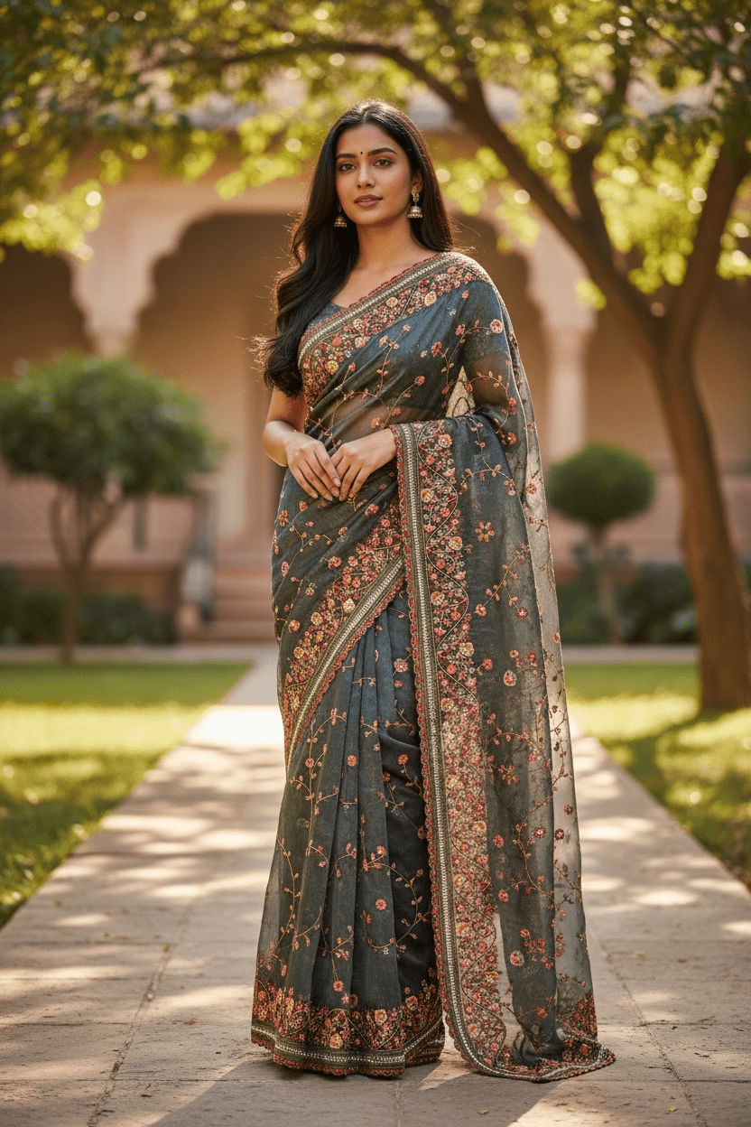 Dark Grey - Classic Saree with Thread Work and Blouse Piece - UK stock - 24hr Dispatch - RS2513 TA - Prachy Creations