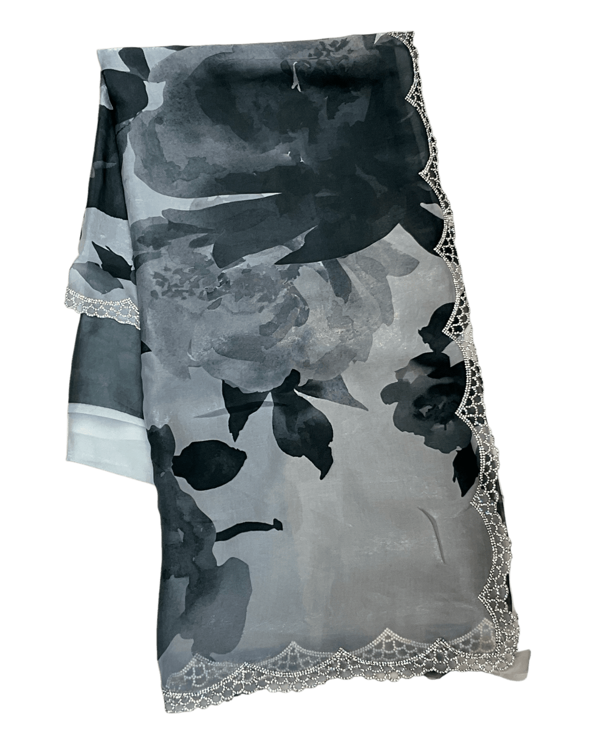 Dark Grey Floral - Classic Satin Crepe Saree with Stone Work and Blouse Piece - UK stock - 24hr Dispatch - RS2535 VR - Prachy Creations