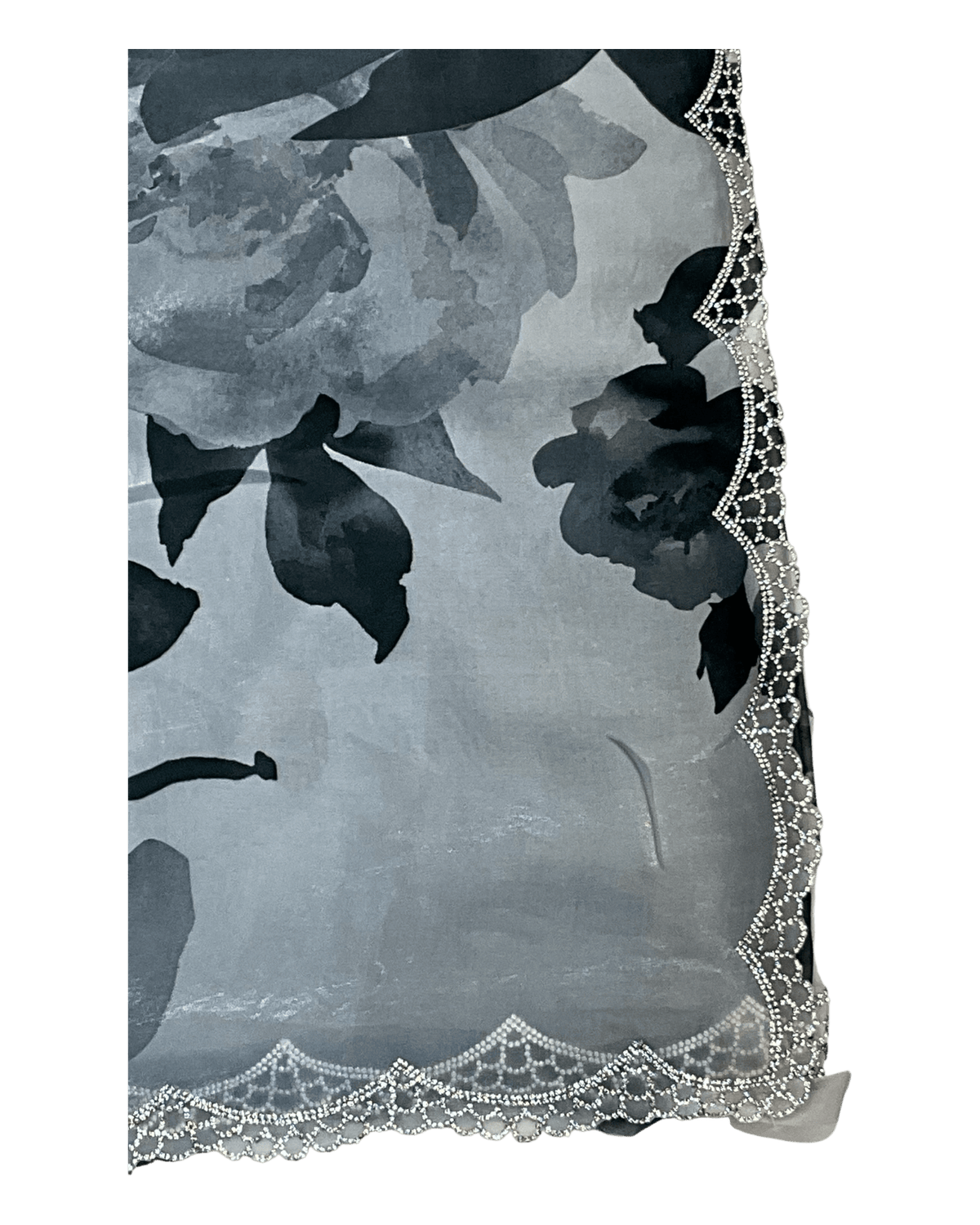 Dark Grey Floral - Classic Satin Crepe Saree with Stone Work and Blouse Piece - UK stock - 24hr Dispatch - RS2535 VR - Prachy Creations