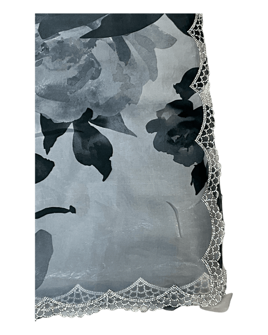Dark Grey Floral - Classic Satin Crepe Saree with Stone Work and Blouse Piece - UK stock - 24hr Dispatch - RS2535 VR - Prachy Creations