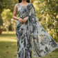 Dark Grey Floral - Classic Satin Crepe Saree with Stone Work and Blouse Piece - UK stock - 24hr Dispatch - RS2535 VR - Prachy Creations