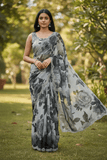 Dark Grey Floral - Classic Satin Crepe Saree with Stone Work and Blouse Piece - UK stock - 24hr Dispatch - RS2535 VR - Prachy Creations
