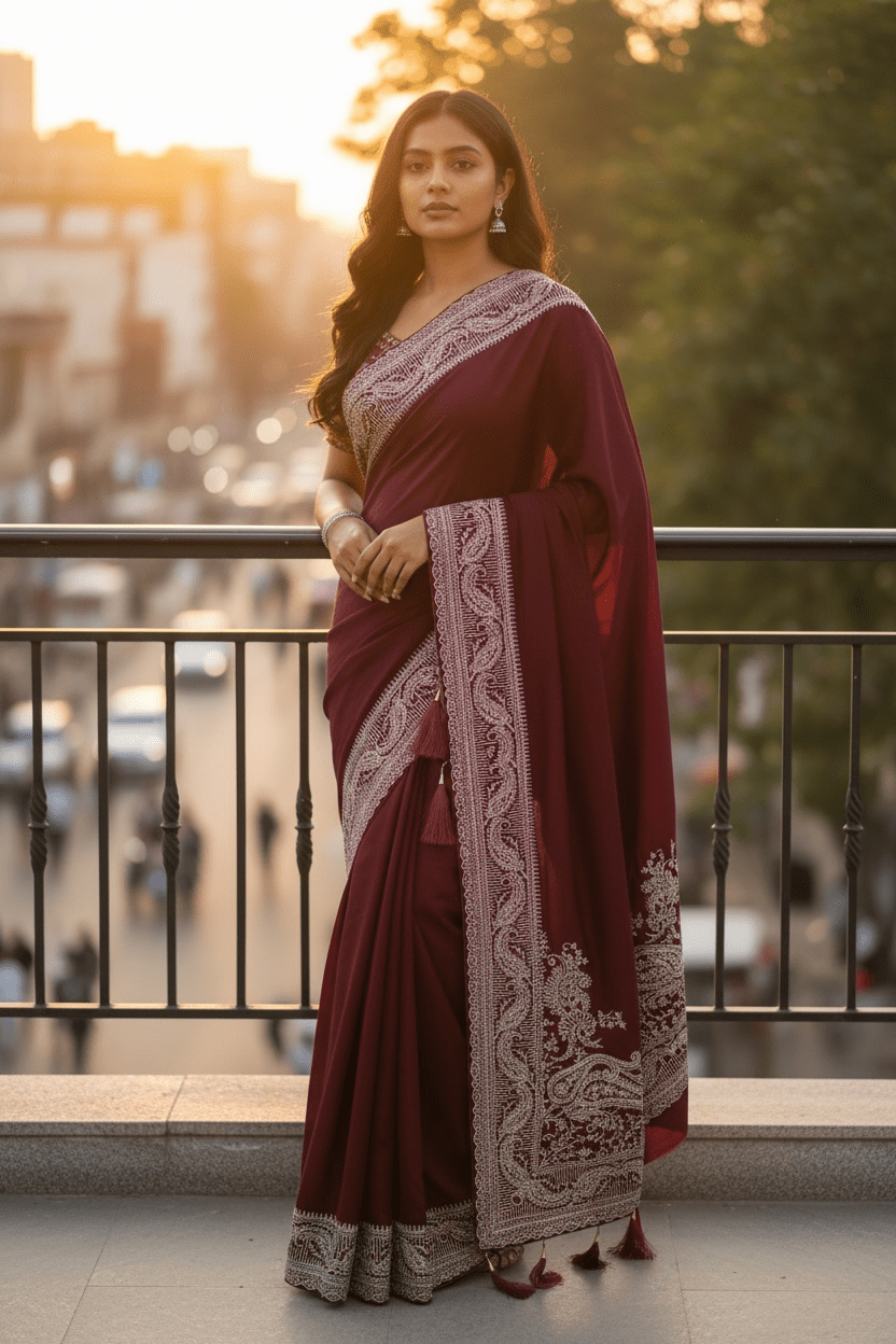 Dark Magenta - Classic Saree with Thread / Stone Work and Blouse Piece - UK stock - 24hr Dispatch - RS2506 VP - Prachy Creations