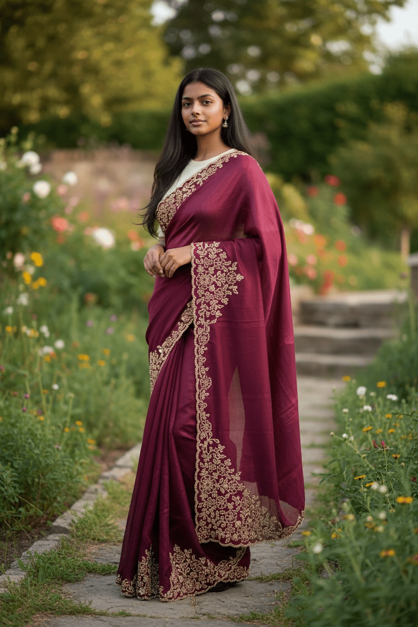 Dark Magenta - Rich Saree with Stone Work Border and Blouse Piece - UK stock - 24hr Dispatch - RS2511 TA - Prachy Creations